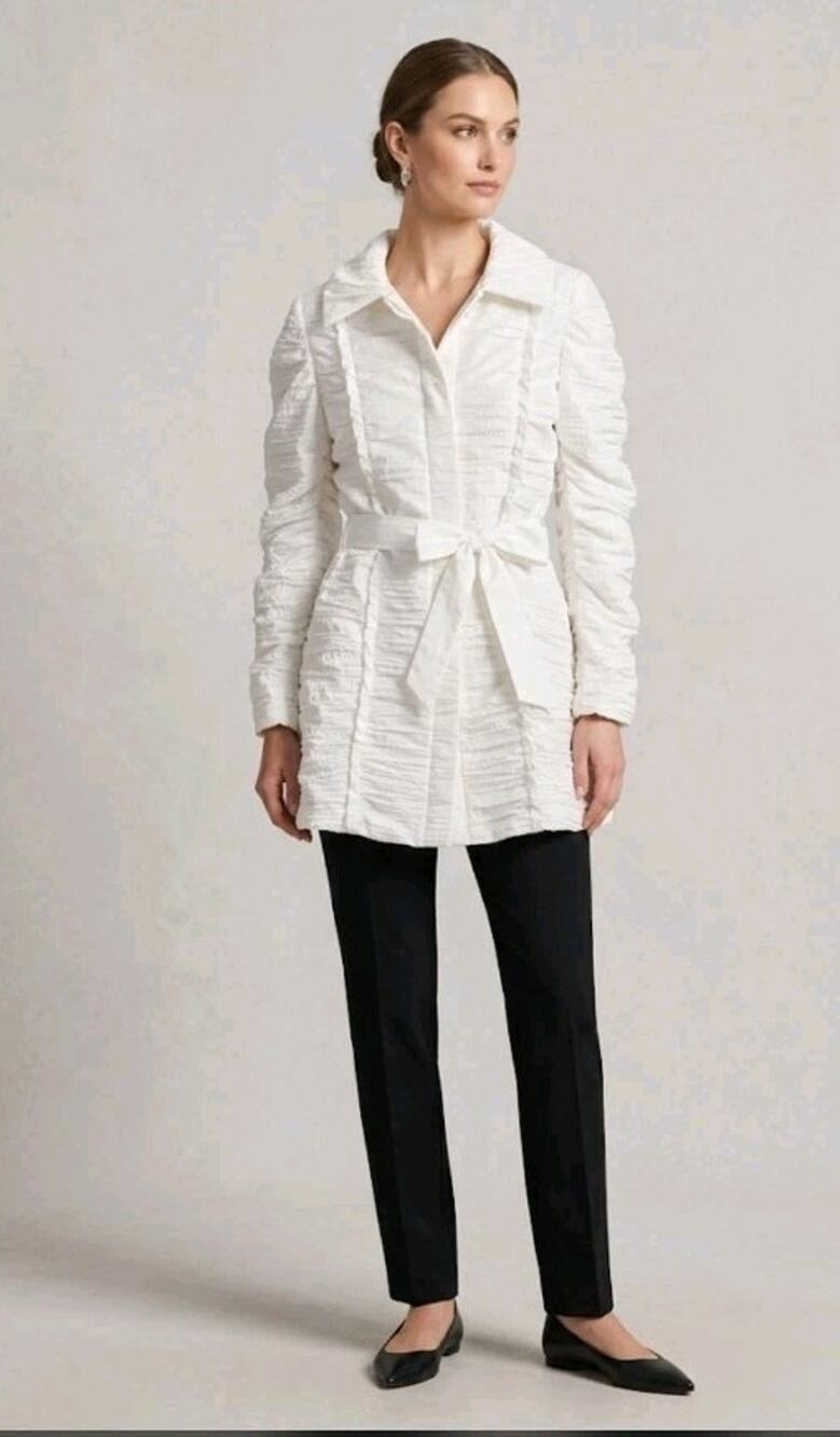 Samuel Dong Crinkle Jacket Bubble Hem XS White Drawstring Waist Lightweight